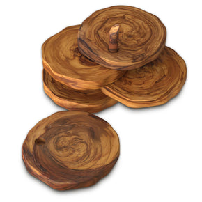 Olive Wood Table Coasters for Drinks 6 Coaster Set with Holder